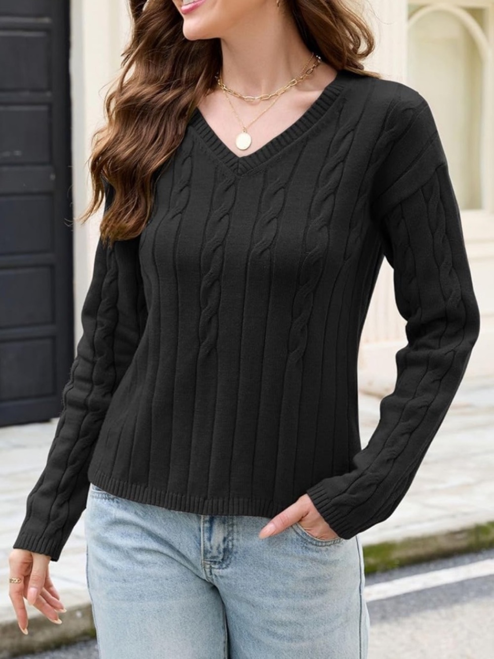 ZAFUL Women's V Neck Cable Knit Sweater- Black. Size S